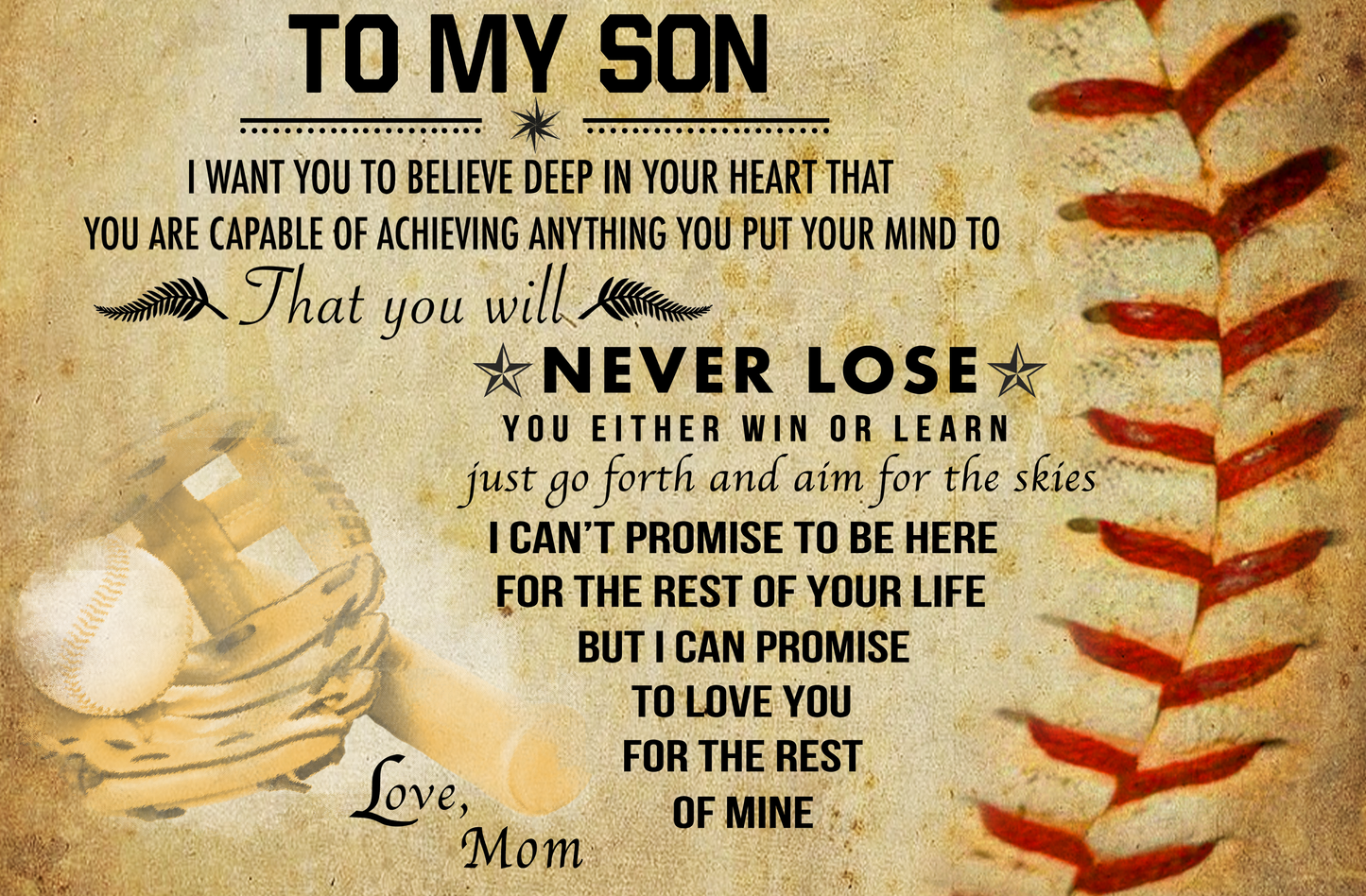 BASEBALL POSTER - MOM TO SON - NEVER LOSE