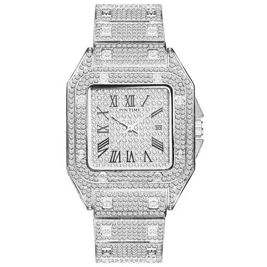 18k White Gold Plated 42mm Pave Set Square face w/Date