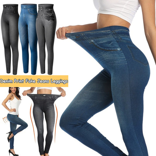 Push Up Seamless High Waist Faux Denim Leggings Women Casual Elastic Pocket Jeans Print Pants Skinny Pencil Leggins Mujer
