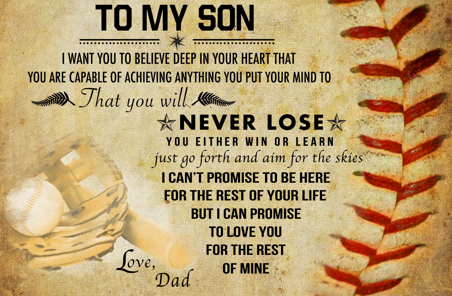 BASEBALL POSTER - DAD TO SON - NEVER LOSE