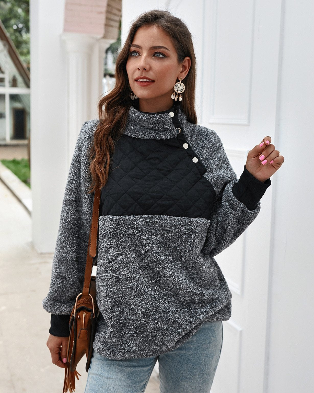 Colorblock Wubby Asymmetrical Snap Up Fleece Pullover Sweatshirt