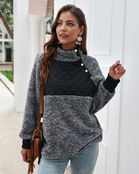 Colorblock Wubby Asymmetrical Snap Up Fleece Pullover Sweatshirt
