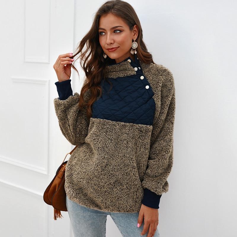 Colorblock Wubby Asymmetrical Snap Up Fleece Pullover Sweatshirt