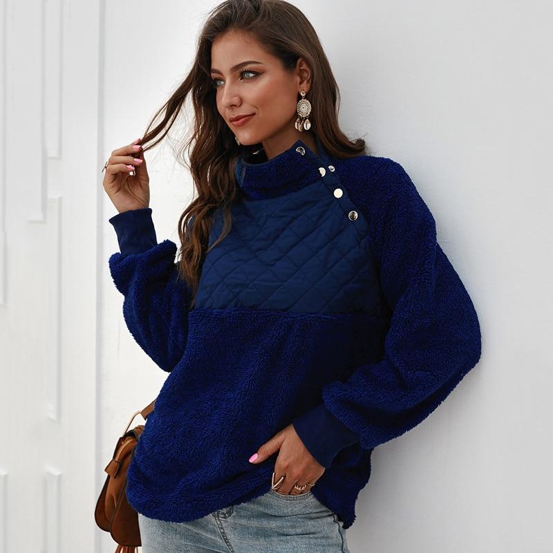 Colorblock Wubby Asymmetrical Snap Up Fleece Pullover Sweatshirt
