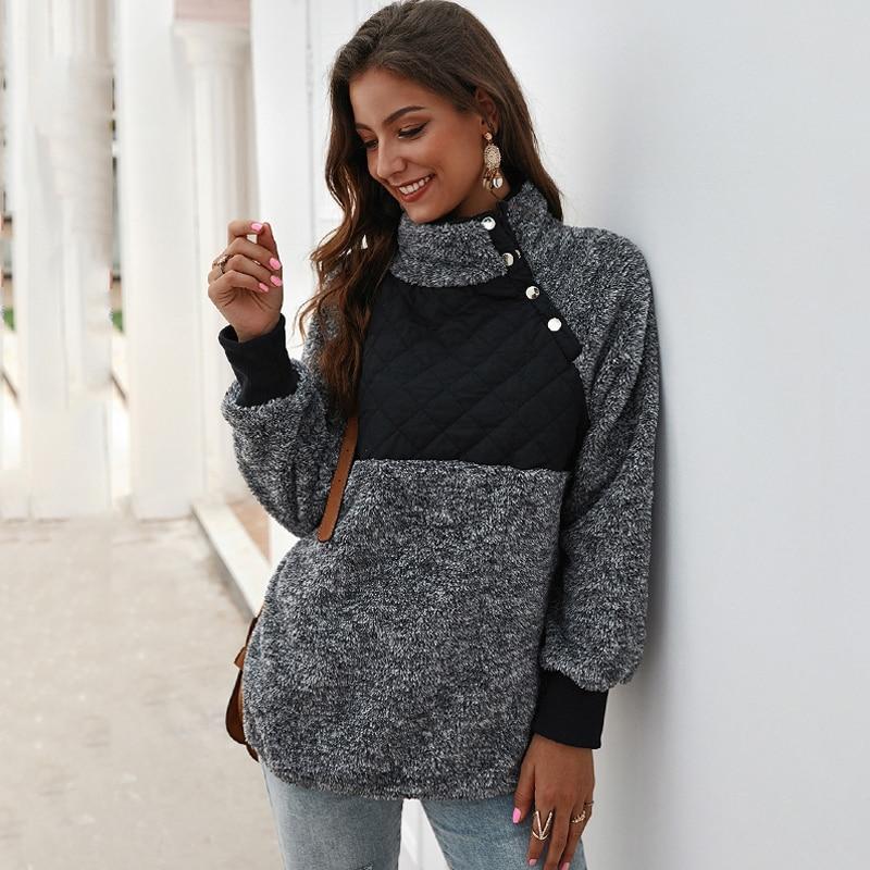 Colorblock Wubby Asymmetrical Snap Up Fleece Pullover Sweatshirt